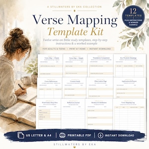 Könnte beinhalten: Ein Verse Mapping Vorlagen-Set mit 12 druckbaren Bibelstudien-Vorlagen, Anleitungen und einem ausgearbeiteten Beispiel. Das Set enthält Seiten für Vers-Mapping, Übersetzungsvergleiche, Schlüsselwörter und Reflexionstagebücher.