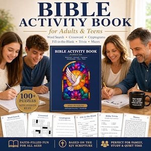 May include: A Bible Activity Book for adults and teens featuring a dark blue cover with a stained glass dove illustration. The book includes word searches, crosswords, cryptograms, fill-in-the-blanks, trivia, and mazes, totaling over 100 puzzles.