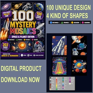 May include: A digital activity book titled 100 Mystery Mosaics Space & Planet Edition featuring 203 pages with 100 unique designs in rectangle, triangle, hexagon, and diamond shapes. The cover displays space imagery including a rocket, planets, and an astronaut.