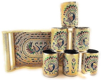 Traditionelles Meenakari Peacock Design Glas mit Griff und Handicraft Serviertablett Set