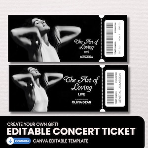 Könnte beinhalten: Zwei schwarz-weiße Konzerttickets mit einem Foto einer Person mit erhobenen Armen. Der Text lautet The Art of Loving LIVE, A performance by OLIVIA DEAN und General Admission. Enthält einen Barcode, eine Ticketnummer sowie Angaben zu Reihe und Sitzplatz.