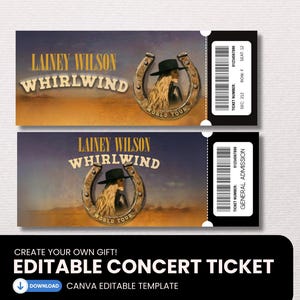 Puede incluir: Dos entradas de concierto rectangulares para el Whirlwind World Tour de Lainey Wilson. El diseño presenta una herradura que enmarca a una persona con sombrero negro, con el texto Lainey Wilson Whirlwind, un código de barras e información de asiento.