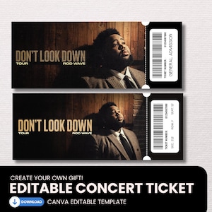 May include: Two rectangular concert tickets featuring a portrait of Rod Wave in a suit against a wooden background. The text reads DON'T LOOK DOWN TOUR ROD WAVE. Each ticket includes a barcode, ticket number, and general admission or seat details.
