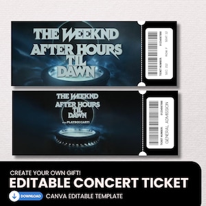 Puede incluir: Dos entradas de concierto rectangulares con fondo azul oscuro y negro con el texto The Weeknd After Hours Til Dawn. Las entradas incluyen un código de barras, el número de entrada 01234567890, información de asiento y Playboi Carti.