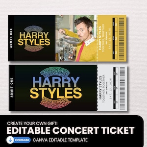 Pode incluir: Dois modelos de bilhetes de concerto retangulares com o texto Harry Styles Together. O bilhete superior inclui uma fotografia de uma pessoa com uma camisola amarela a segurar uma frigideira. Ambos mostram Admit One, lugar, fila e secção com códigos de barras.