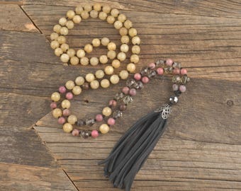 Rhodonite, Lemon Quartz & Yellow Jade Hand Knotted Necklace