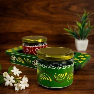 Handmade Wooden Spice Container Set, Hand-Painted Kitchen Storage Jars with Tray, Indian Ethnic Condiment Organizer, Unique Tableware Decor