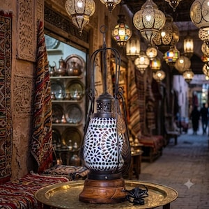 Handmade Moroccan Mosaic Lantern, Turkish Style Table Lamp with Wood Base, Vintage Brass & Mosaic Glass Hurricane Lamp, Exotic Boho Desk Lig