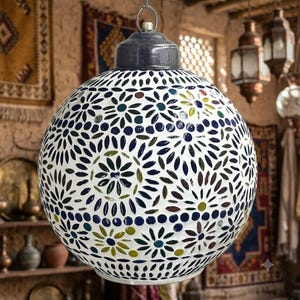 Handmade Moroccan Mosaic Glass Pendant Light – Turkish Boho Lamp, Colorful Globe Ceiling Fixture, Unique Mosaic Chandelier for Home Decor