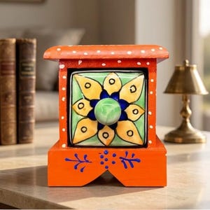 Handmade Orange Wooden Spice Box with 1 Ceramic Drawer, Hand Painted Single Drawer Jewelry Case, Mini Trinket Organizer, Boho Desktop Storag
