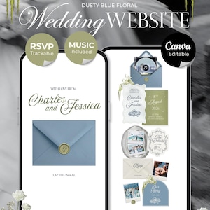 May include: A digital wedding website template featuring a dusty blue floral theme. The interface displays invitation elements, including a blue envelope with a wax seal, RSVP and music options, and event details for Charles and Jessica on August 8, 2026.