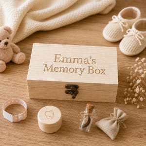 Personalized Baby Keepsake Box, Engraved Wooden Memory Box, Newborn Gift, First Tooth & Hospital Bracelet Box, Baby Shower Gift