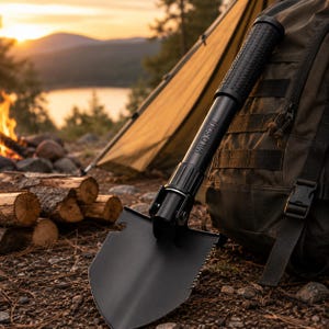 May include: A black folding shovel with a textured handle and the text WILD SOUL printed on the shaft. The shovel blade features a pointed tip, a serrated edge on one side, and a small notch cutout on the opposite side of the metal blade.