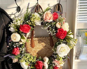 Summer Rose Wreath | Cream Pink Floral Door Decor, Realistic Artificial Greenery