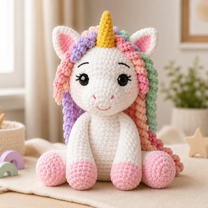 Könnte beinhalten: Ein weißes gehäkeltes Einhorn-Plüschtier mit einem gelben Horn, einer mehrfarbigen Mähne in Rosa, Lila und Grün sowie rosa Akzenten an Ohren und Füßen. Das Einhorn hat große schwarze Augen mit langen Wimpern und einen aufgestickten Mund.