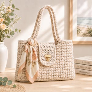 Puede incluir: Un bolso de mano de ganchillo beige con un cuerpo rectangular estructurado, dos asas superiores y una solapa frontal asegurada con un cierre de metal dorado. Un pañuelo de seda claro con estampado floral está atado al asa del bolso.