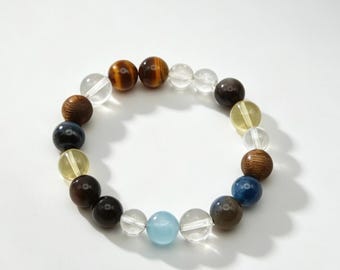 Tiger Eye Aquamarine Kyanite Obsidian Agarwood Bracelet | Hawk Eye Moonstone Men Strength Gift
