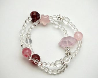 Rose Quartz Strawberry Quartz Rhodonite Bracelet | Star Charm Silver Bear Spacer Valentine Gift Her
