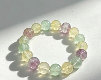 Rainbow Fluorite Bracelet | Natural Large Bead Purple Green Yellow Crystal Pastel Gift Her