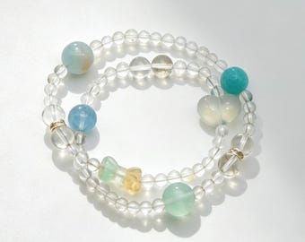 Aquamarine Kyanite Amazonite Green Fluorite Bracelet | Clear Quartz Carved Animal Charm Gift Women