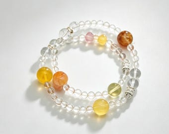 Natural Citrine Yellow Fluorite Rutilated Quartz Bracelet | Clear Quartz Double Strand Sunshine Gift