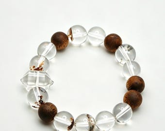 Green Phantom Quartz Agarwood Bracelet | Clear Quartz Bicone Wood Bead Zen Meditation Gift