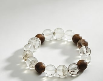 Natural Phantom Quartz Kynam Agarwood Bracelet | Clear Quartz Wood Bead Minimalist Zen Gift