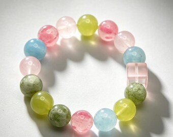 Natural Aquamarine Rose Quartz Serpentine Jade Lemon Jade Bracelet | Pastel Multicolor Spring Gift Her