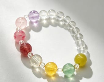 Rainbow Multicolor Crystal Bracelet | Amethyst Rose Quartz Strawberry Quartz Fluorite Pastel Gift Her