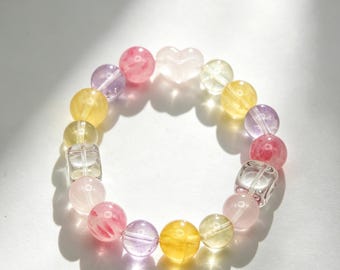 Rose Quartz Heart Crystal Bracelet | Amethyst Fluorite Lemon Quartz Cube Bead Pastel Love Gift