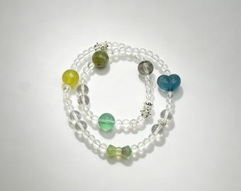 Natural Aquamarine Amazonite Green Fluorite Bracelet | Heart Bow Charm Clear Quartz Forest Gift