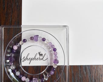 Natural Amethyst, Kunzite & Rutilated Quartz Beaded, Purple Crystal, Healing Gemstone Bracelet, Gift for Her