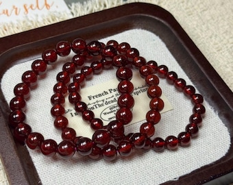 Natural Red Garnet Bracelet | 8mm Round Beads | Genuine Gemstone Stretch Bracelet for Women