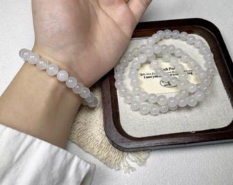 Natural White Chalcedony Bracelet | 8mm Round Beaded Bracelet | Minimalist Gemstone Stretch Bracelet for Women