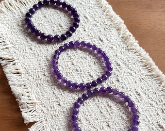 Natural Amethyst Bracelet | 8mm Round Beads | Purple Crystal Stretch Bracelet for Women