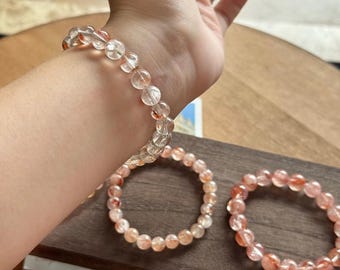 Handmade Koi Flower Crystal Bracelet, Peach Orange Sparkle Beads, Stretch Jewelry