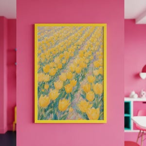 May include: A rectangular wall art print featuring an impressionistic painting of a field of yellow tulips. The artwork is encased in a bright yellow frame and displays thick, textured brushstrokes in shades of yellow, green, and white.