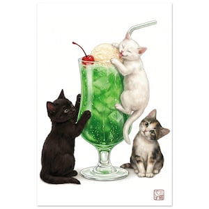 May include: A digital illustration of three kittens interacting with a large glass of green soda topped with a scoop of vanilla ice cream and a red cherry. A white kitten climbs the glass, a black kitten stands beside it, and a calico sits nearby.