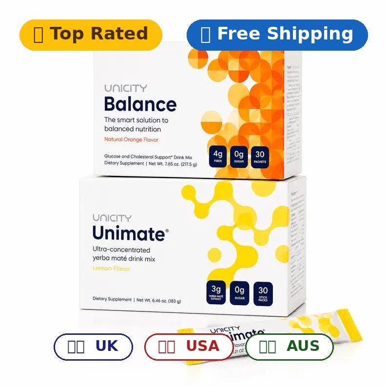 Puede incluir: Dos cajas rectangulares de suplementos diet&eacute;ticos Unicity apiladas verticalmente. La caja superior es Balance con gr&aacute;ficos naranjas, 4g de fibra, 0g de az&uacute;car y 30 sobres. La caja inferior es Unimate con gr&aacute;ficos amarillos, 3g de yerba mate y 30 sobres.