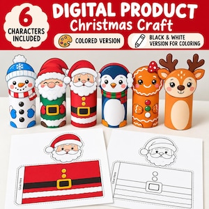 Peut inclure: Un ensemble de bricolage de Noël numérique comprenant six personnages en tube de papier : un bonhomme de neige, deux pères Noël, un pingouin, un bonhomme en pain d'épices et un renne. Inclut des versions colorées et des modèles en noir et blanc.