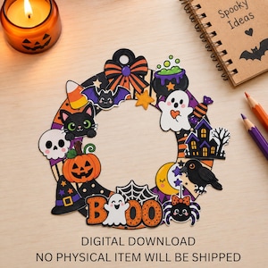 May include: A circular Halloween wreath decoration featuring colourful cartoon icons including a black cat, pumpkin, ghost, spider, bat, candy corn, haunted house, and a cauldron. The text BOO is displayed at the bottom with a ghost and spider.