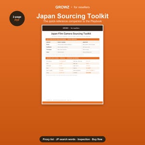 Utskrivbar verktygslåda för sourcing av filmkameror i Japan | Fusklapp för återförsäljare: Fullmaktslista, sökord, inspektion, köpflöde | US Letter A4 PDF