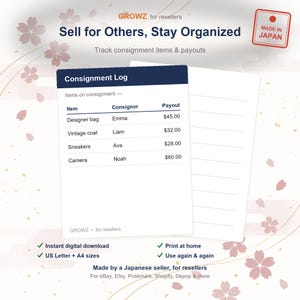 May include: A digital consignment log template for resellers featuring a dark blue header with the text Consignment Log and columns for Item, Consignor, and Payout. The document includes a blank lined page, a Made in Japan stamp, and text stating Sell for Others, Stay Organized, Track consignment items & payouts, and US Letter + A4 sizes.