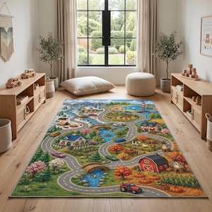 May include: A rectangular area rug featuring a colorful, detailed illustrated landscape with winding roads, a red barn, a farm with animals, a blue river, a lighthouse, and various trees, creating a play mat design for a room floor.