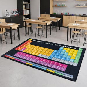 May include: A rectangular area rug featuring a black background with a colorful periodic table of elements printed on the surface. The table displays chemical symbols and atomic numbers in a grid layout with white text reading PERIODIC TABLE OF ELEMENTS.