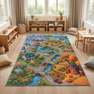 May include: A rectangular area rug featuring a colorful illustrated map of a town with four distinct seasonal zones, including a snowy mountain area, a spring garden, a summer coastal scene, and an autumn farm with a red barn and pumpkins.