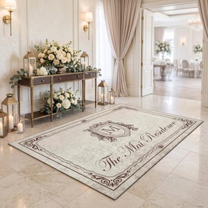 Personalized Family Name and Established Date Rug with Monogram Crest