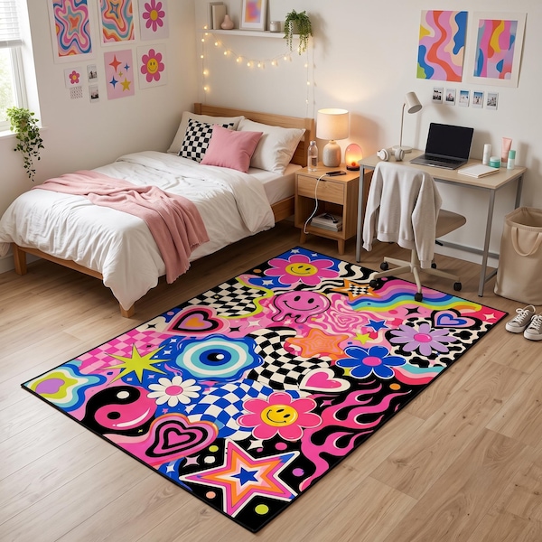 Colorful Y2K Maximalist Dopamine Decor Area Rug with Retro Pop Design