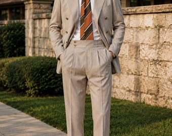 Men's Beige Double Breasted Suit, Vintage Style Formal Business Wedding Groom Suit