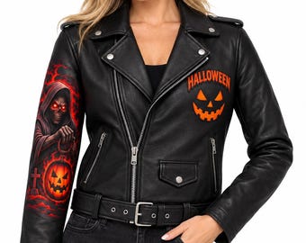 Custom Genuine Leather Halloween Biker Jacket, Women's Black Motorcycle Coat, Gothic Pumpkin